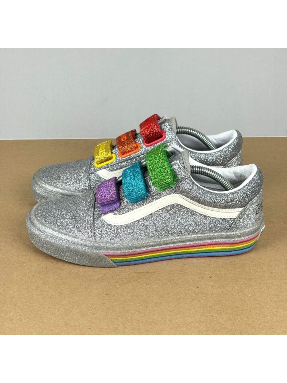 Vans x Flour Shop Rainbow Glitter Sneakers Womens 7 Silver Hook and Loop Straps